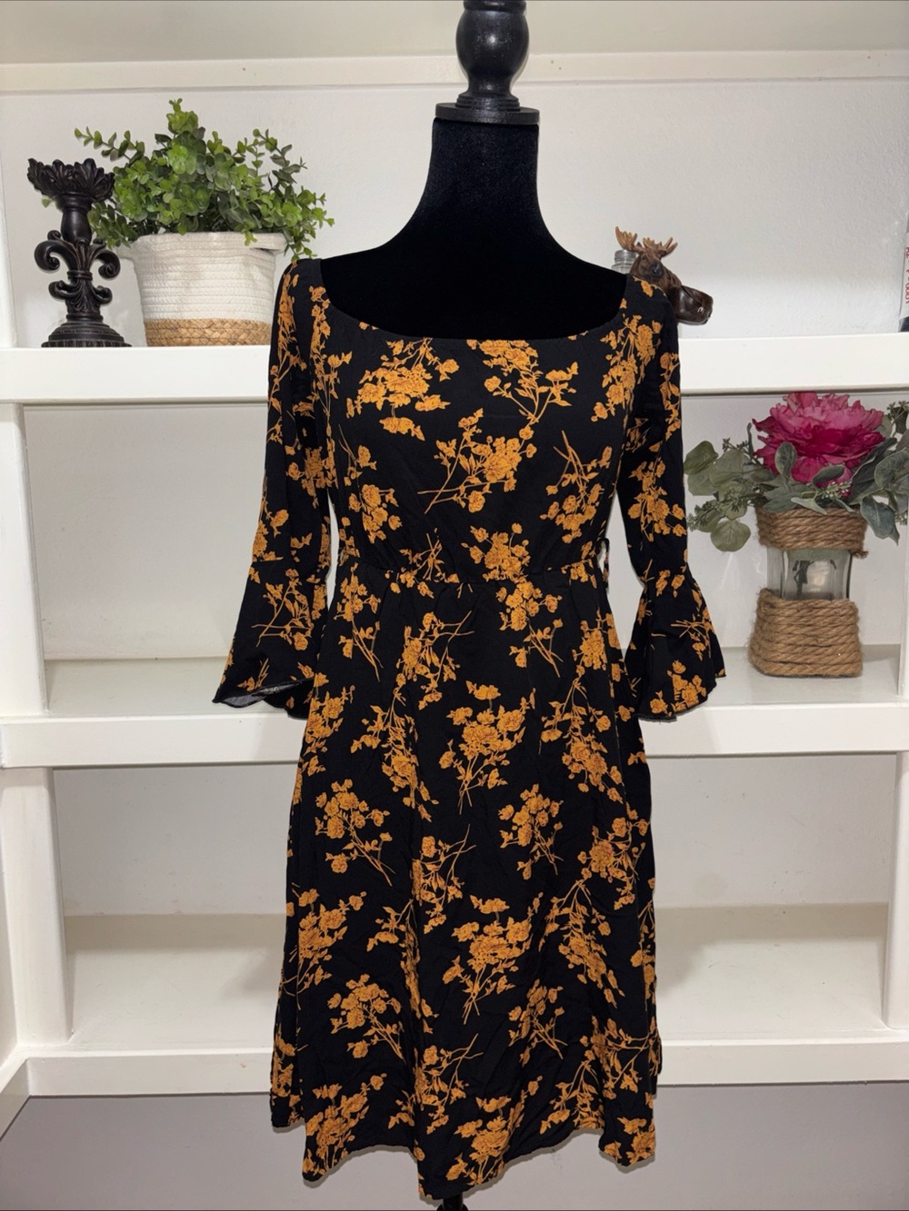 Jeceika Floral Yellow-black Off Shoulder Dress Knee length With Bell Sleeve -S